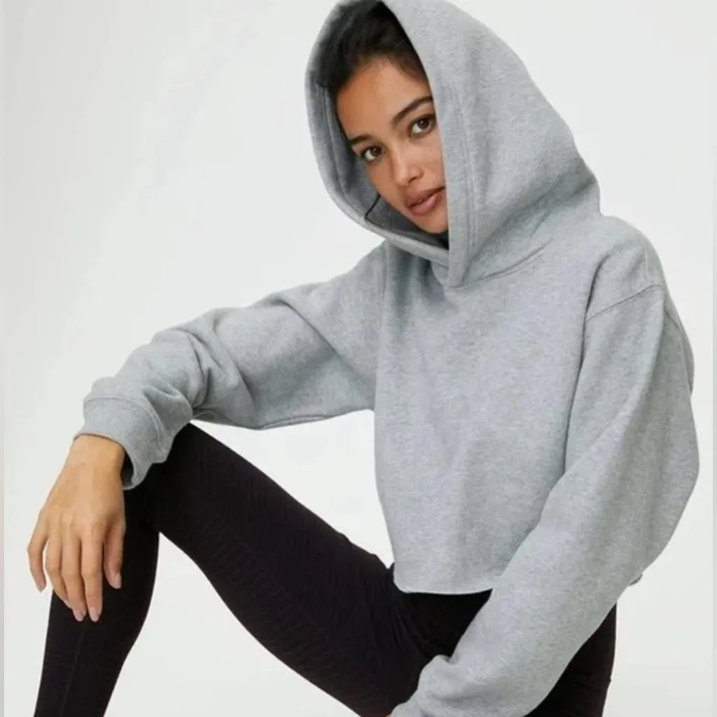 TNA The Perfect Crop Hoodie Pullover Sweatshirt Roll Hem in Light Gray Size L Size L - Image 2