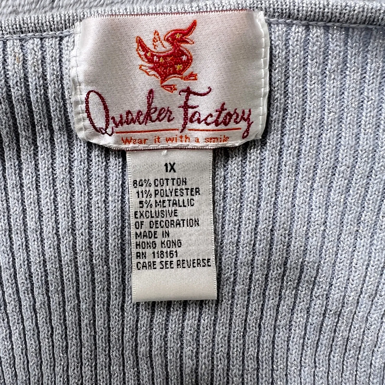 Quacker Factory Sparkle V-Neck Embellished Knit Silver Metallic Ribbed Sweater - Image 3