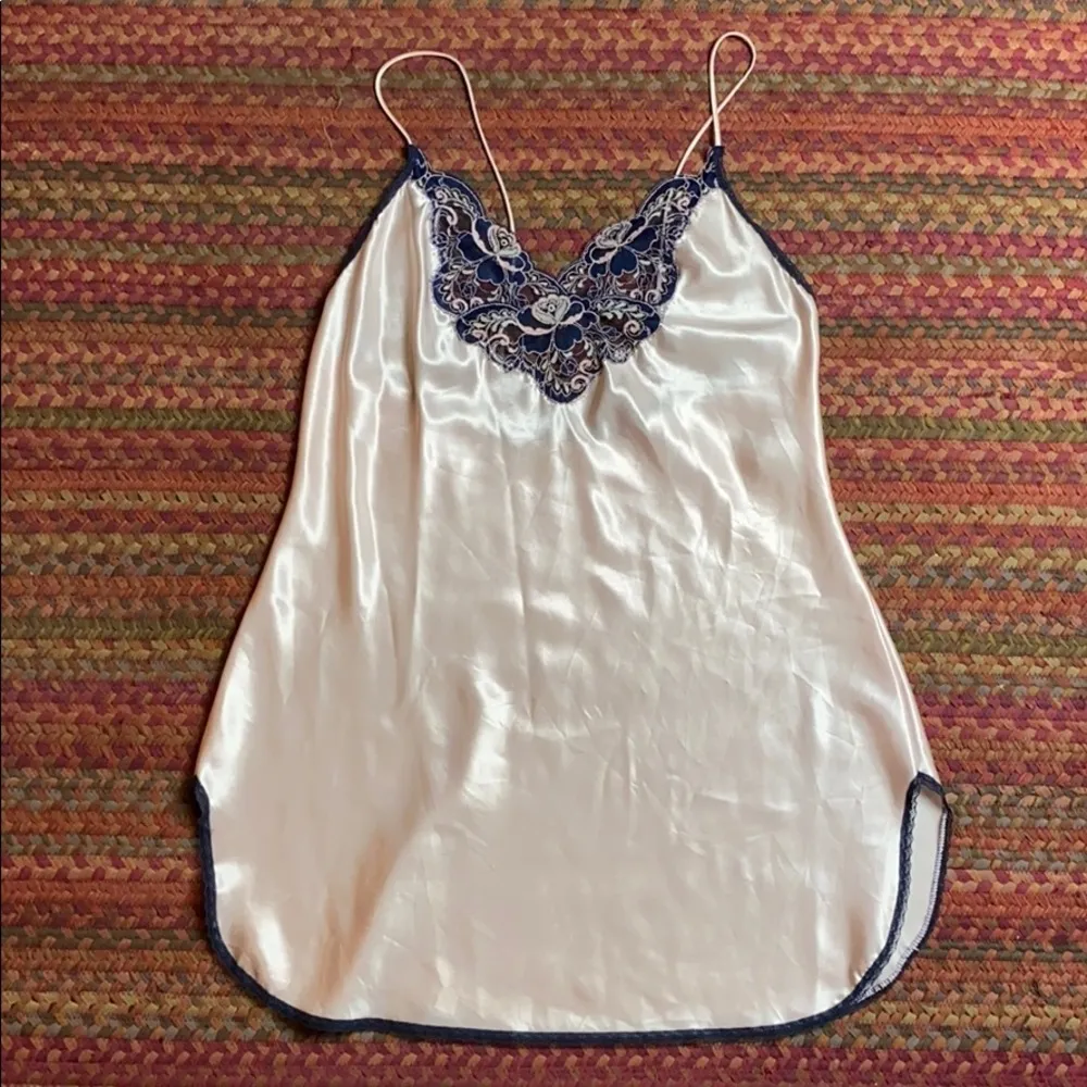 ❤️ VINTAGE PINK & NAVY SILKY LINGERIE SLIP DRESS Blue Size M - Image 4