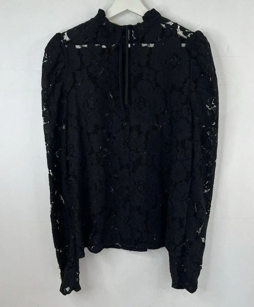 WAYF Size L Erika Black Puff Sleeve Lace Top Neck Bow Tie Sheer Sexy Long Sleeve - Image 6