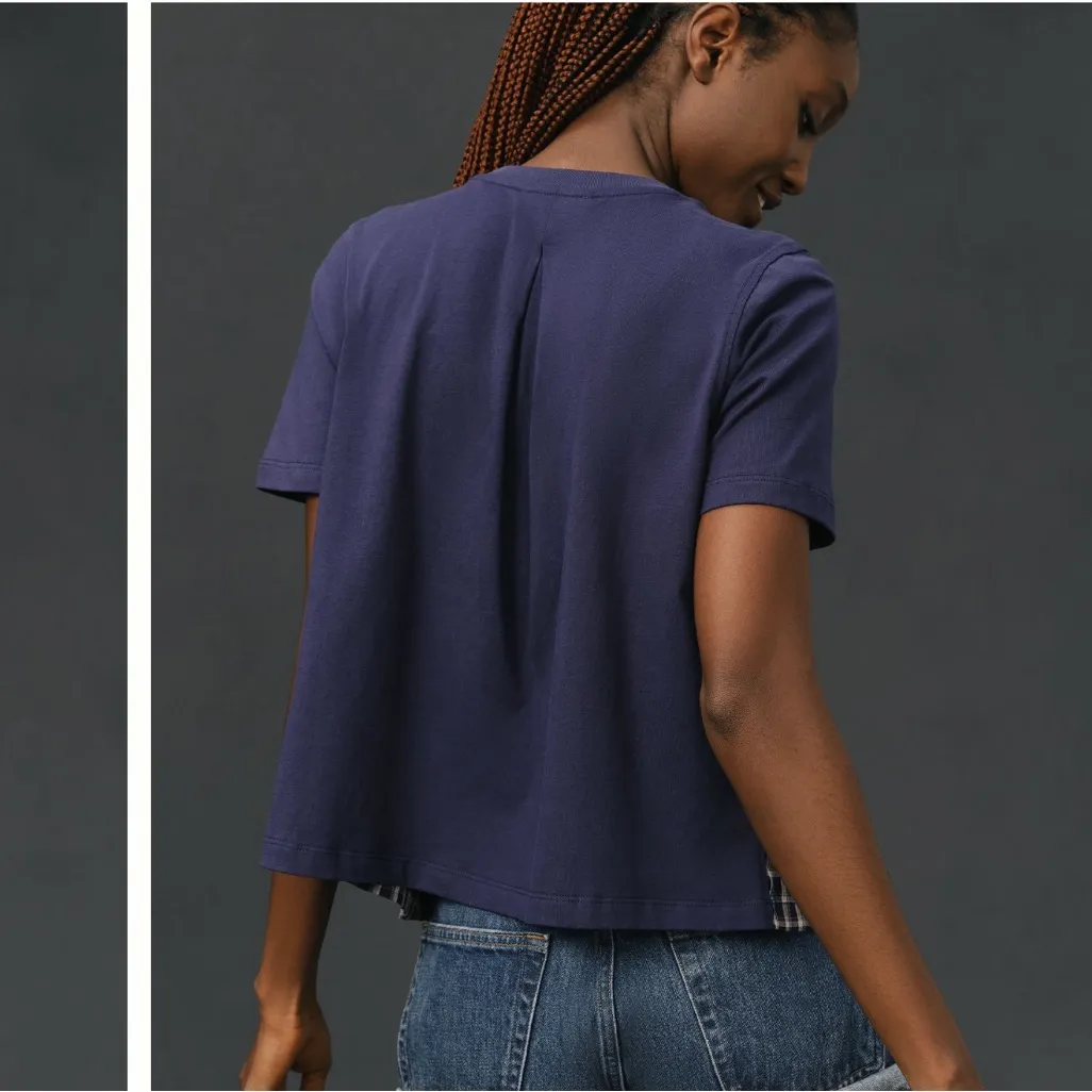 Anthropologie Blue and White Plaid Short‎ Sleeve Pleated Shirt Size M - Image 7