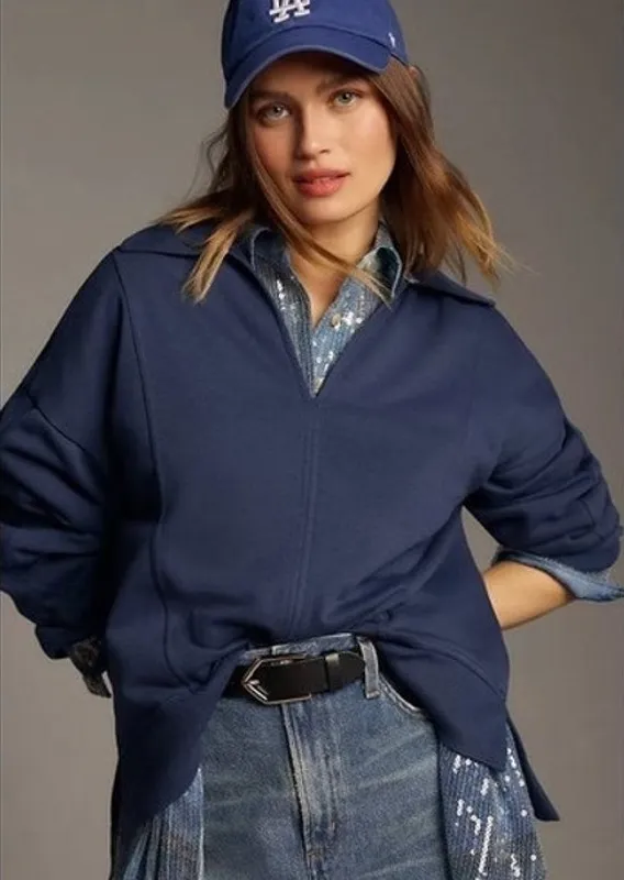 Pilcro Womens size Small Johnny Collar V Neck Pullover Sweatshirt Blue Anthro - Image 1