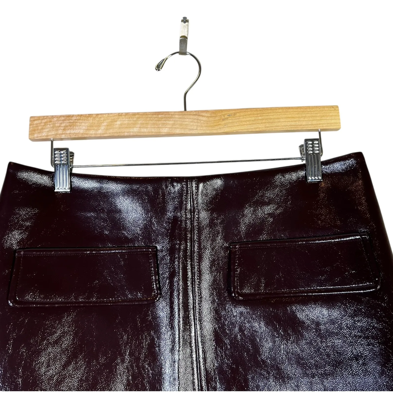 H&M Brown High Rise Shiny Faux Leather A Line Mini Skirt Womens M Going Out Size M - Image 3