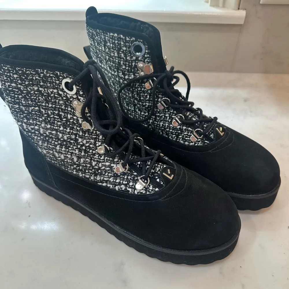 Larroude Vail Ankle Boot Water Resistant Shoe Black White Tweed Leather Size 11 - Image 2