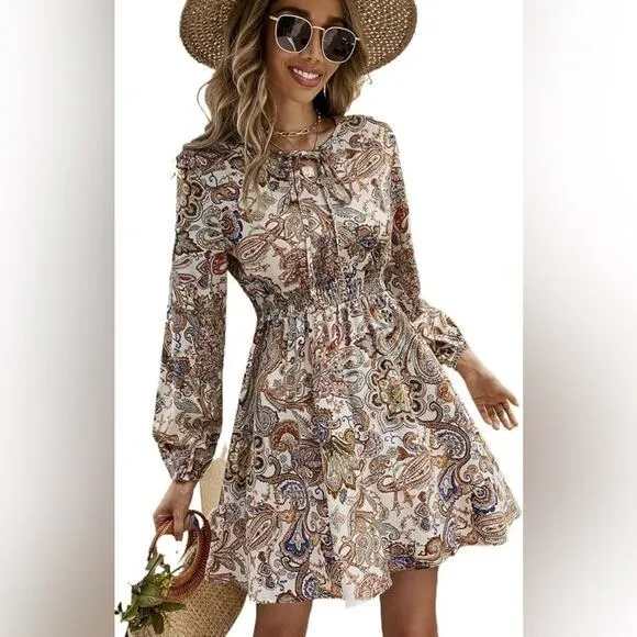 Cupshe Paisley Print Tie Neck Long Sleeve Cover Up Dress Size Large NEW Vacation - Image 2
