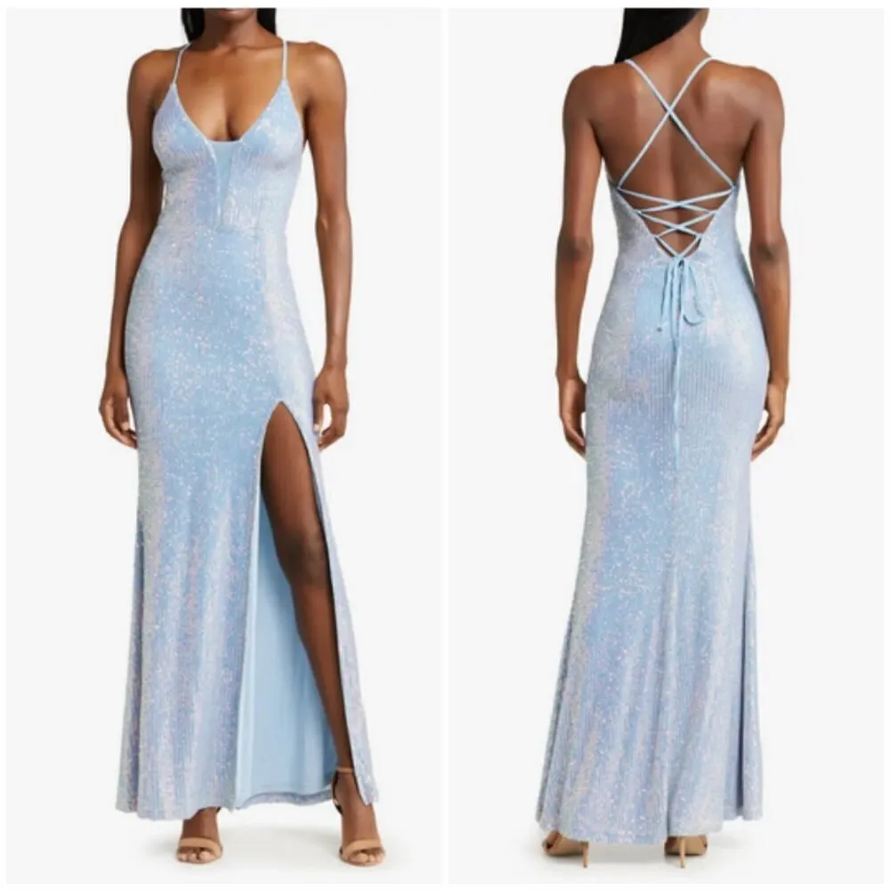 💕LULUS💕 Chic and Glam Light Blue Sequin Lace-Up Mermaid Maxi Dress M NWOT - Image 5