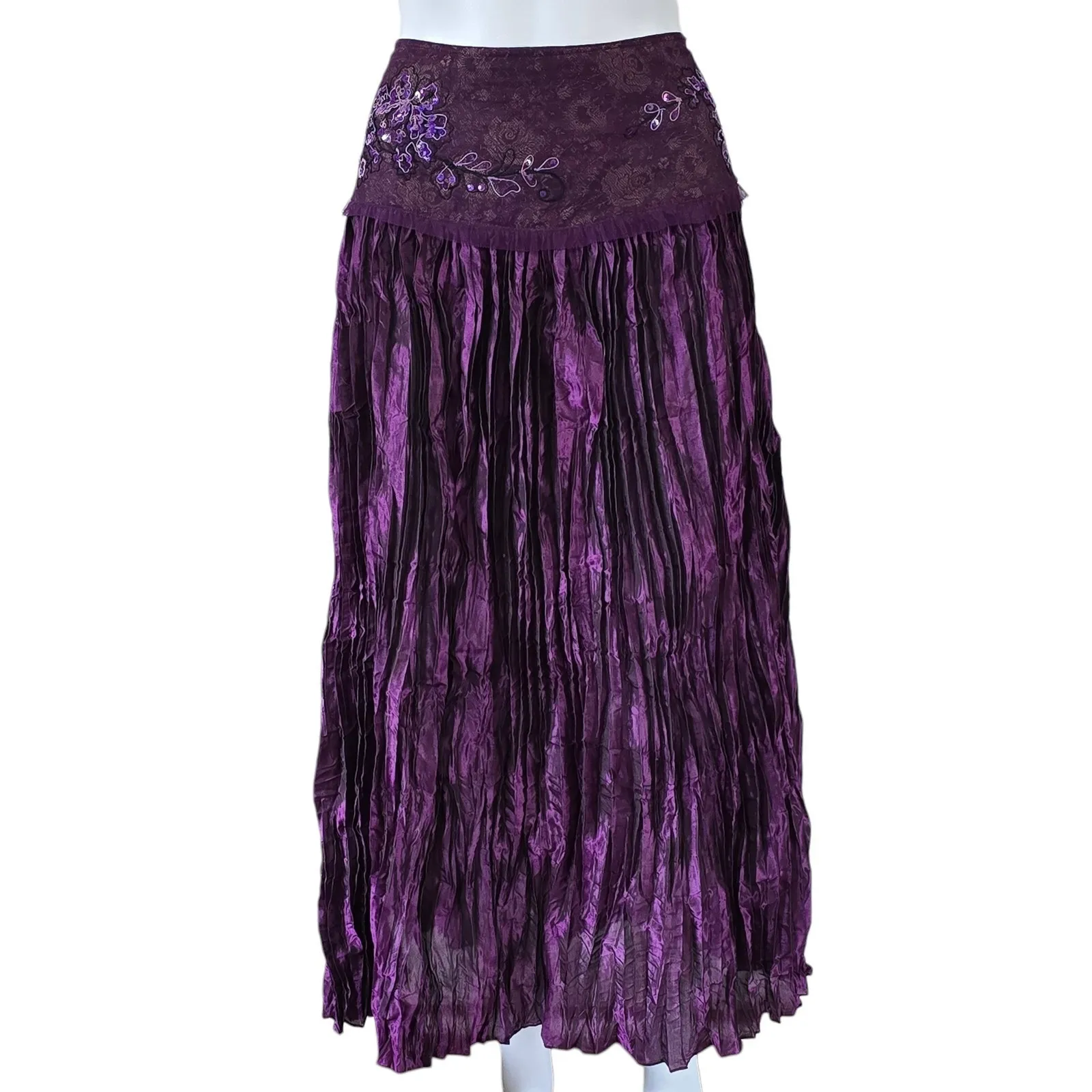 West End Y2K Purple Crushed Pleated Maxi Skirt Beaded Waist Bohemian Festival M Size M - Image 2