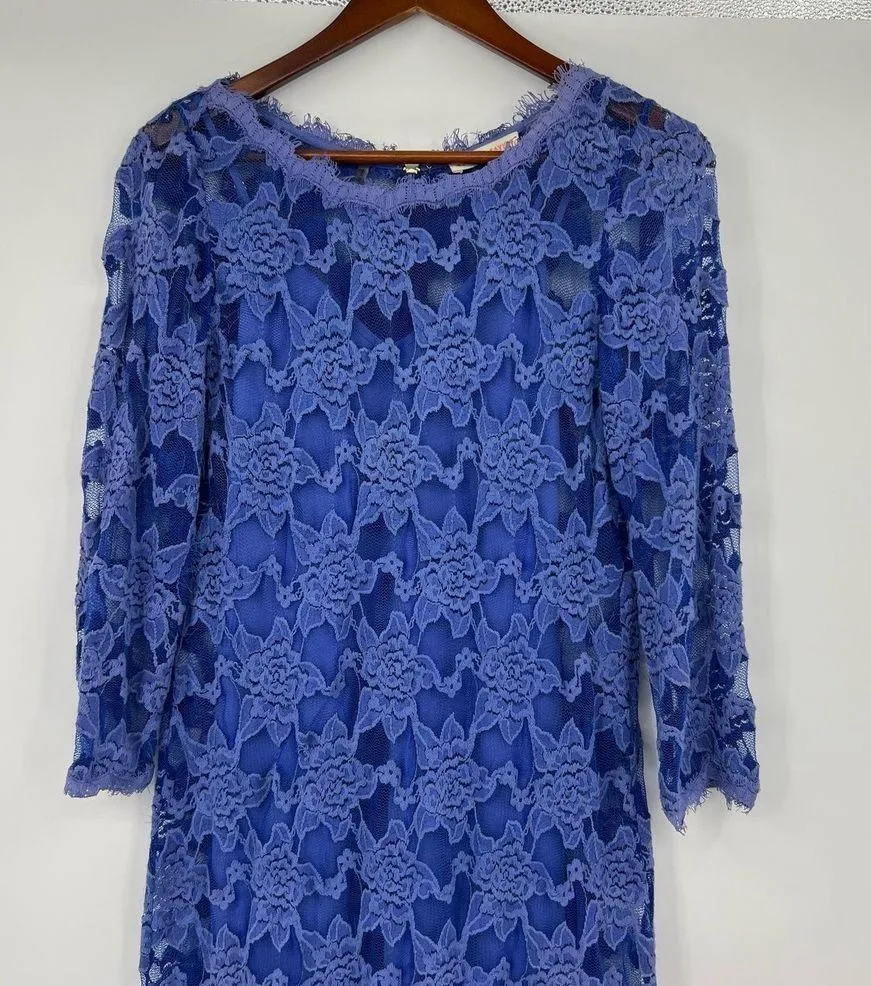 Rebecca Taylor Lace scalloped shift dress 3/4 sleeve blue / purple fringe size 4 - Image 5
