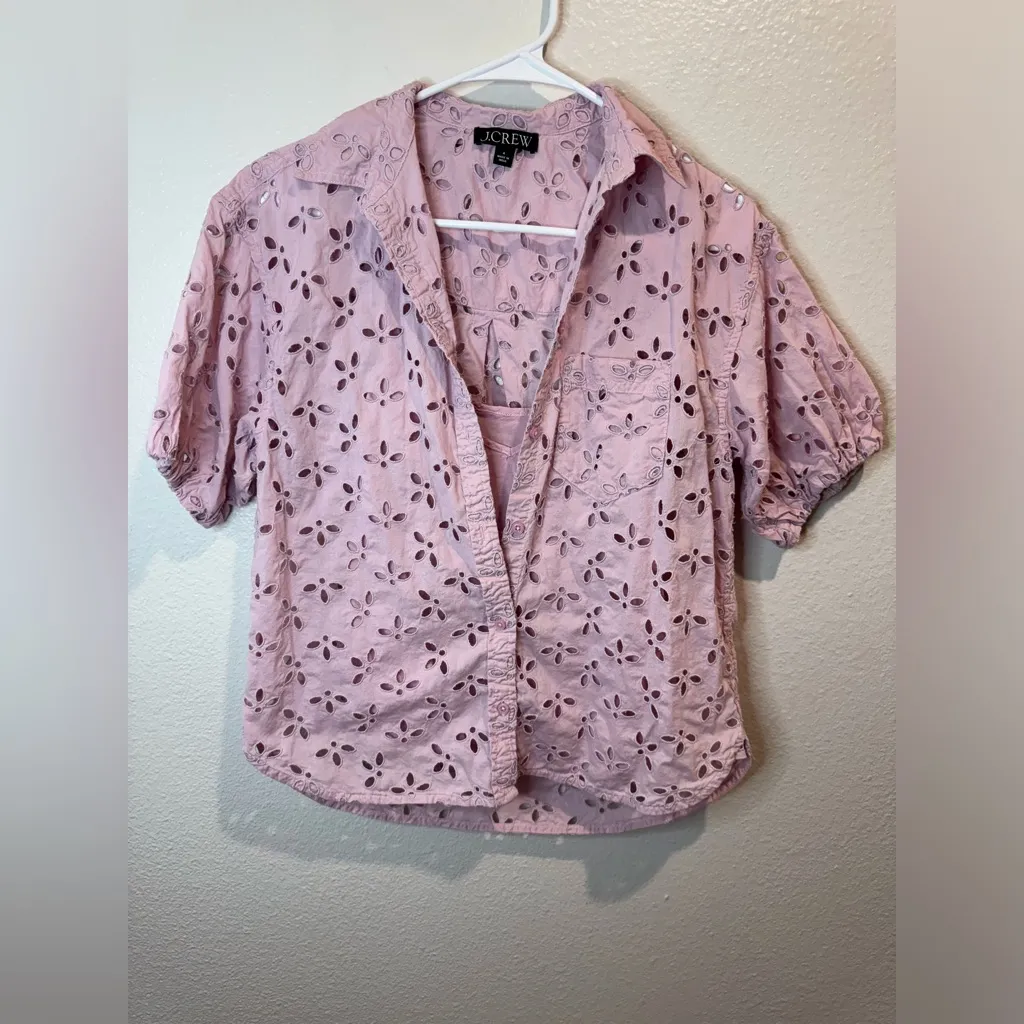 J.‎ Crew Women’s Pink Spring Garden Floral Eyelet Cotton Top Blouse Size 4 - Image 2