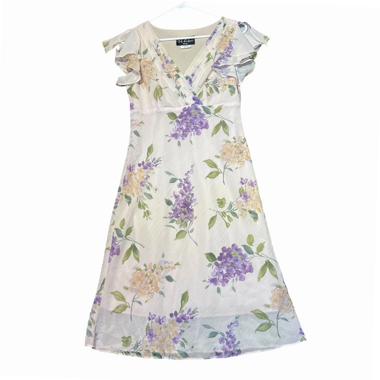 SL Fashions Vintage Y2K Dress Womens 6P Petites Ivory Floral Flutter Sleeve Boho Purple - Image 2