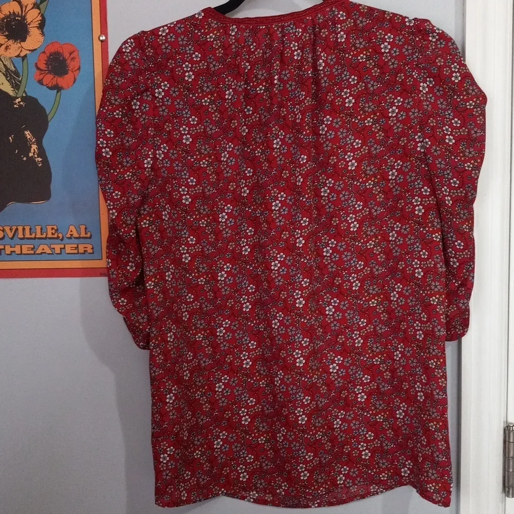 Max Studio Red Multicolored Floral Print Ruched Sleeve Blouse - Image 10