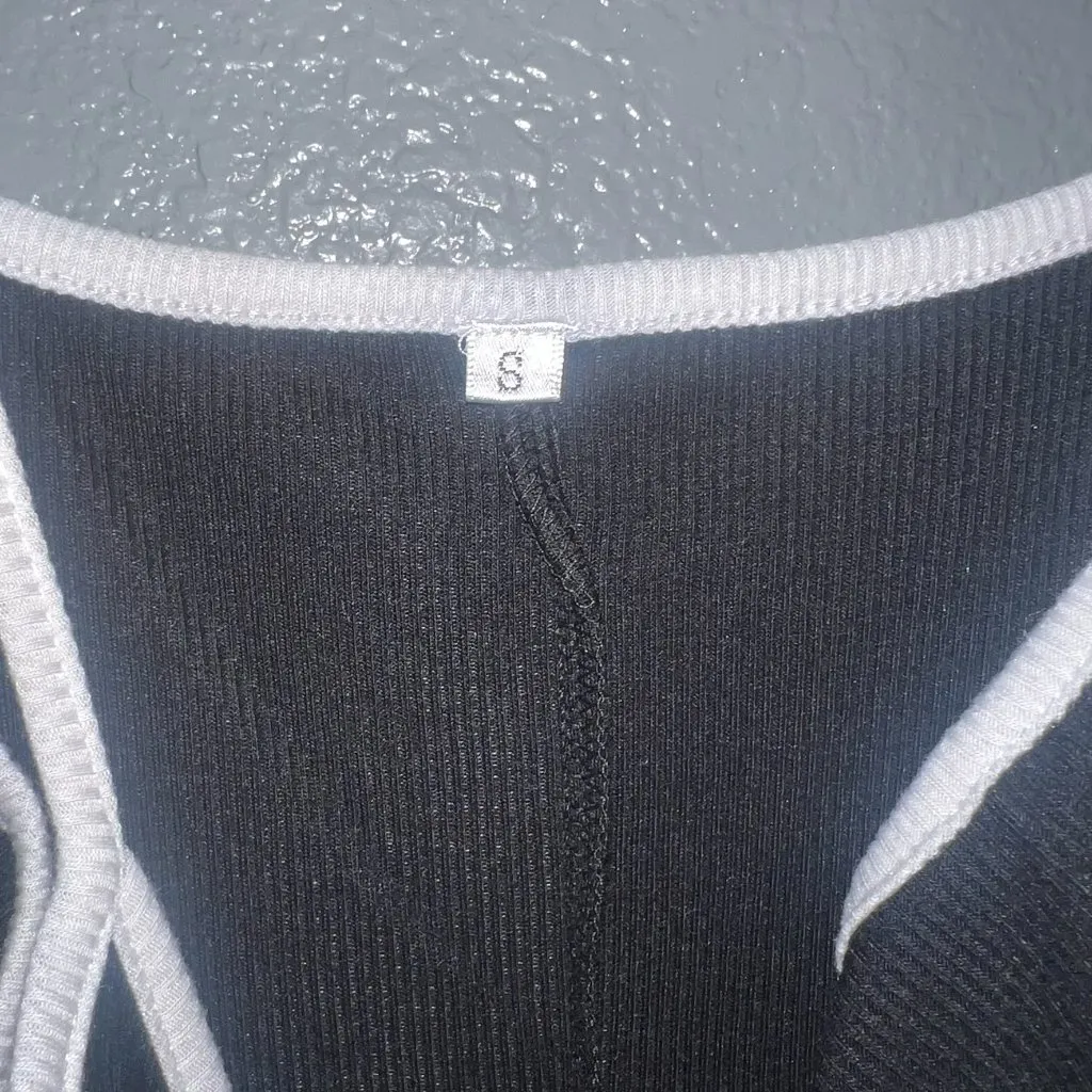 Women’s Black Ribbed Midi Slip Dress Size S White Trim Spaghetti Strap Casual Mi - Image 3