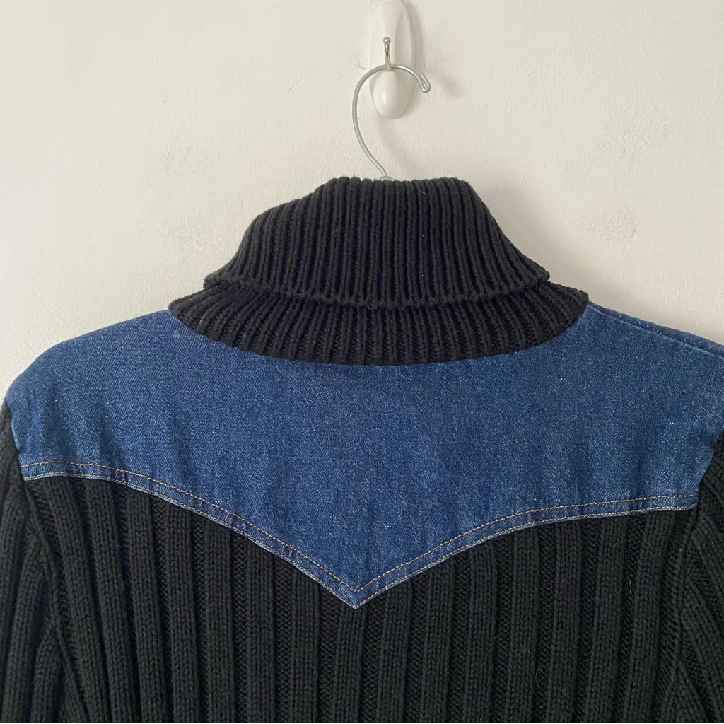 525 America Black Cotton Knit Turtleneck Cable Sweater Denim Detail size medium - Image 5
