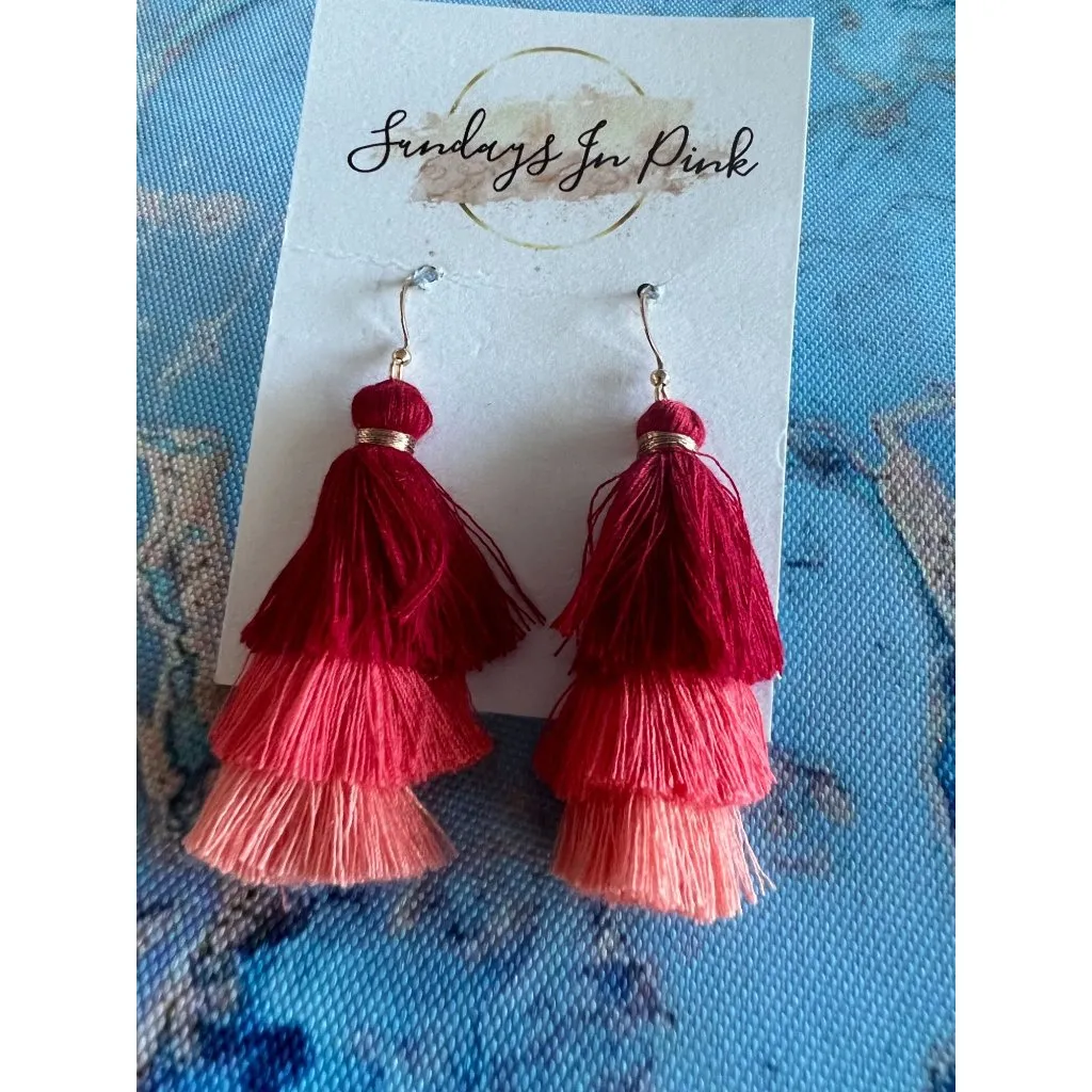 SASHA Red Coral Tiered Tassel Earrings NEW Pink - Image 2