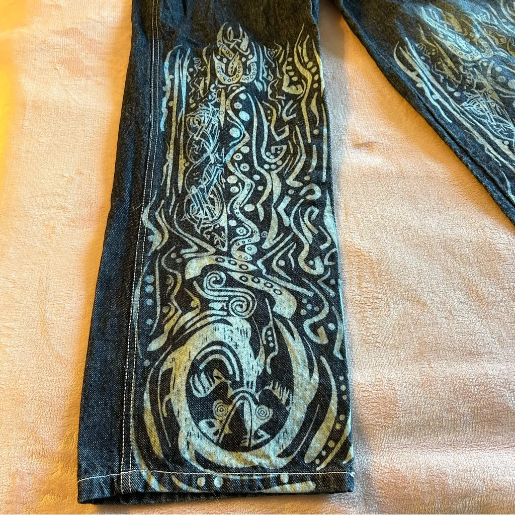 Crest Jeans vintage Y2K overalls with tribal design on legs size L rare Blue Size L - Image 3