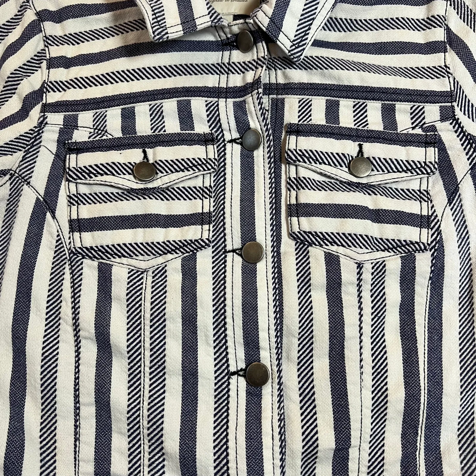 Hinge Stripe Cropped Soft Fabric Denim Jacket Size Small Coastal Nautical Casual - Image 6