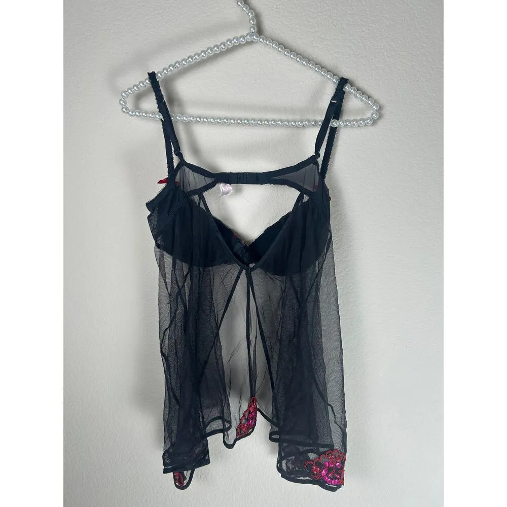 Y2K Victoria's Secret Lingerie Top Size 36B Sheer Black Pink Sequins Sexy Girly - Image 12