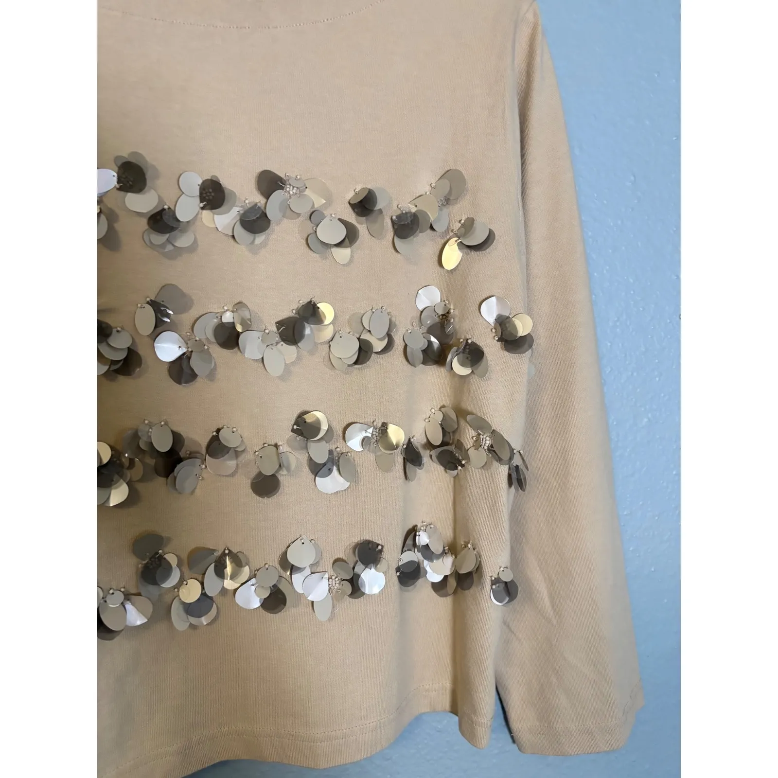 NWT J.‎ Crew Mariner Jersey Long Sleeve T Shirt Floral Embellishment Light Khaki - Image 6