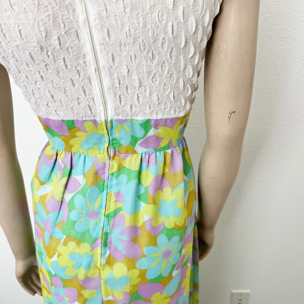 [Vintage] 60s 70s Cream Mock Neck Groovy Floral Print Bow Maxi Dress Sz Medium M Green - Image 7