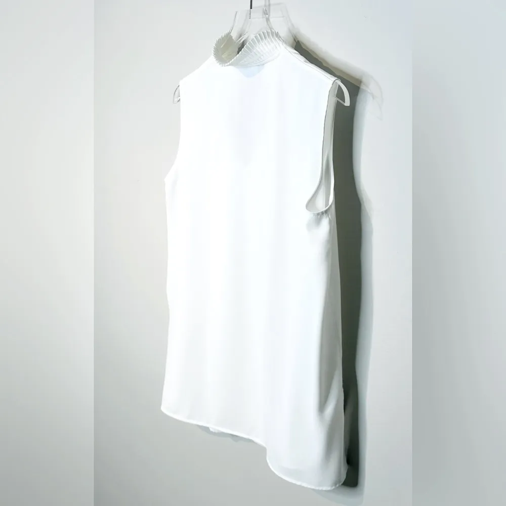 Ming Wang Sleeveless Crepe De Chine Pleated Collar White Tank Blouse Shirt Sz M - Image 6