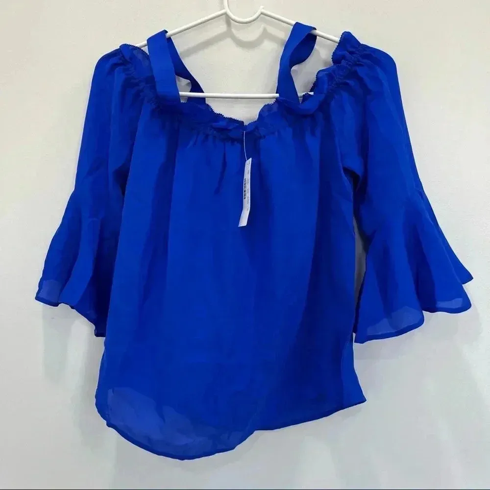 J Crew Women Cold-shoulder top with bell sleeves Size 2 Sapphire Blue - Image 3