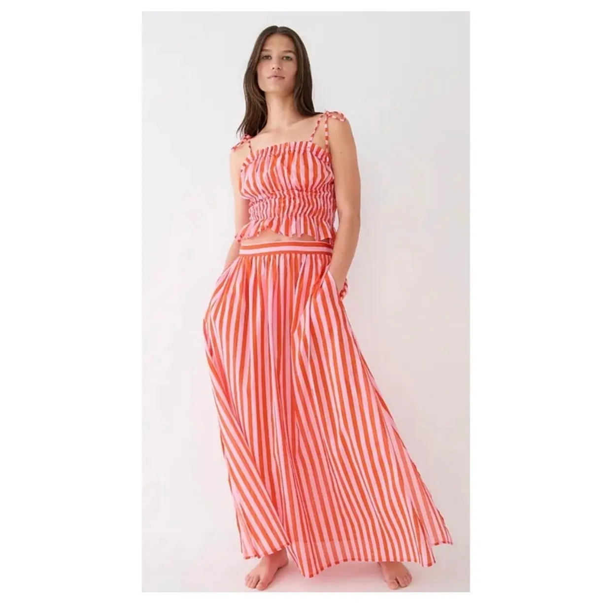 J. Crew Smocked Cotton Voile Top Stripe Size XS Red Pink Tie Straps Vday - Image 3