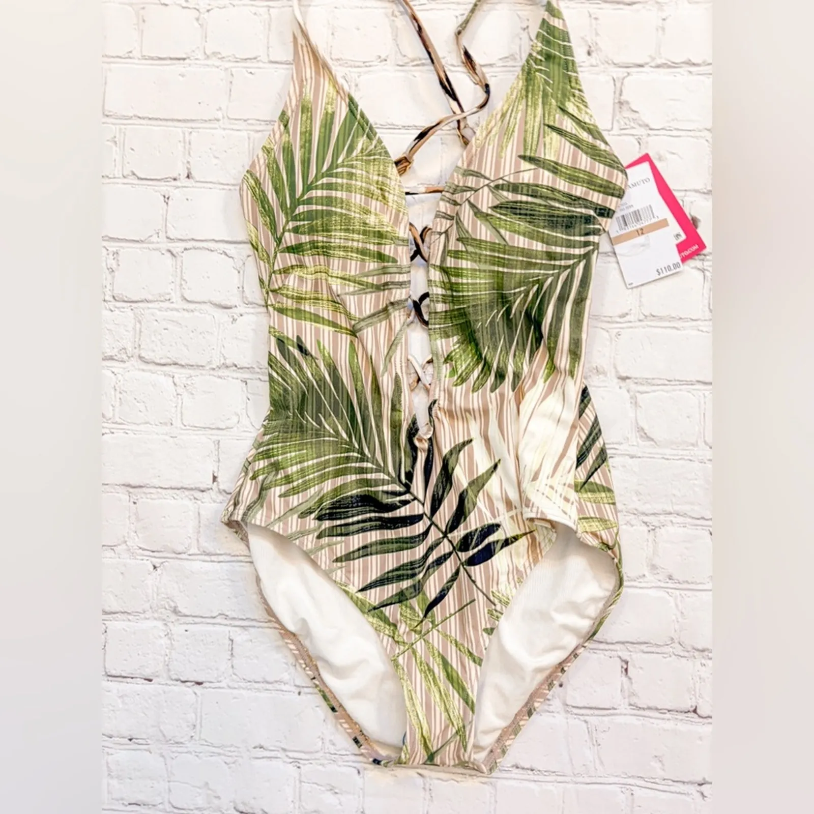 NEW Vince Camuto Green Tropical Palm Print One-Piece Swimsuit Size 12 MSRP $100 - Image 4