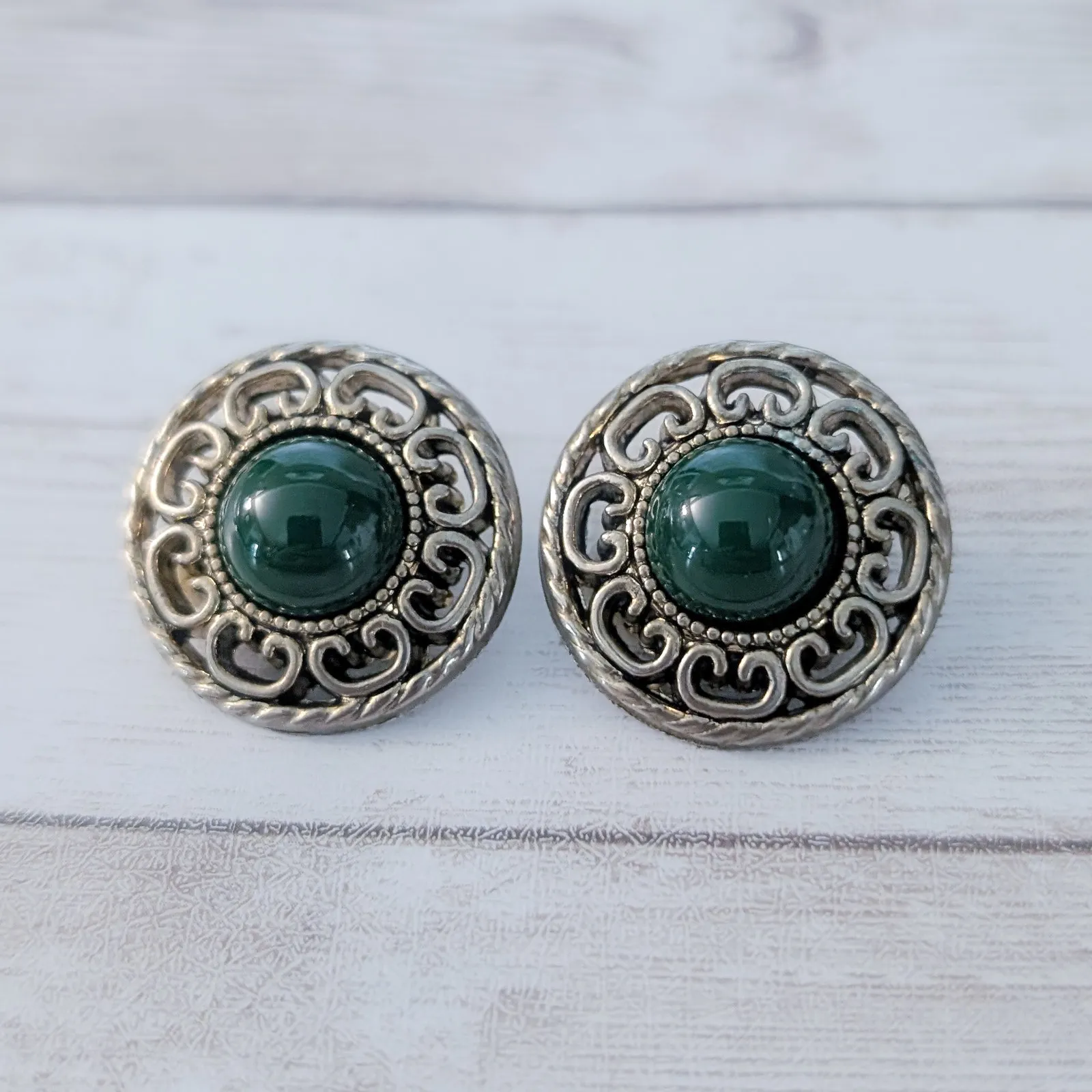 Vintage Clip On Earrings Statement Ornate Dark Gold Tone with Green Center 1" - Image 2