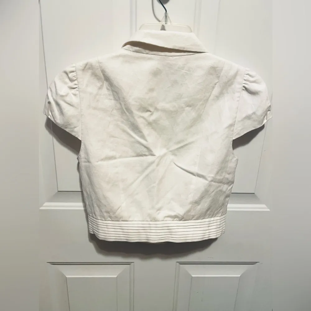 Anthropologie Elevenses white cropped cap sleeve blazer jacket w zipper flower - Image 5