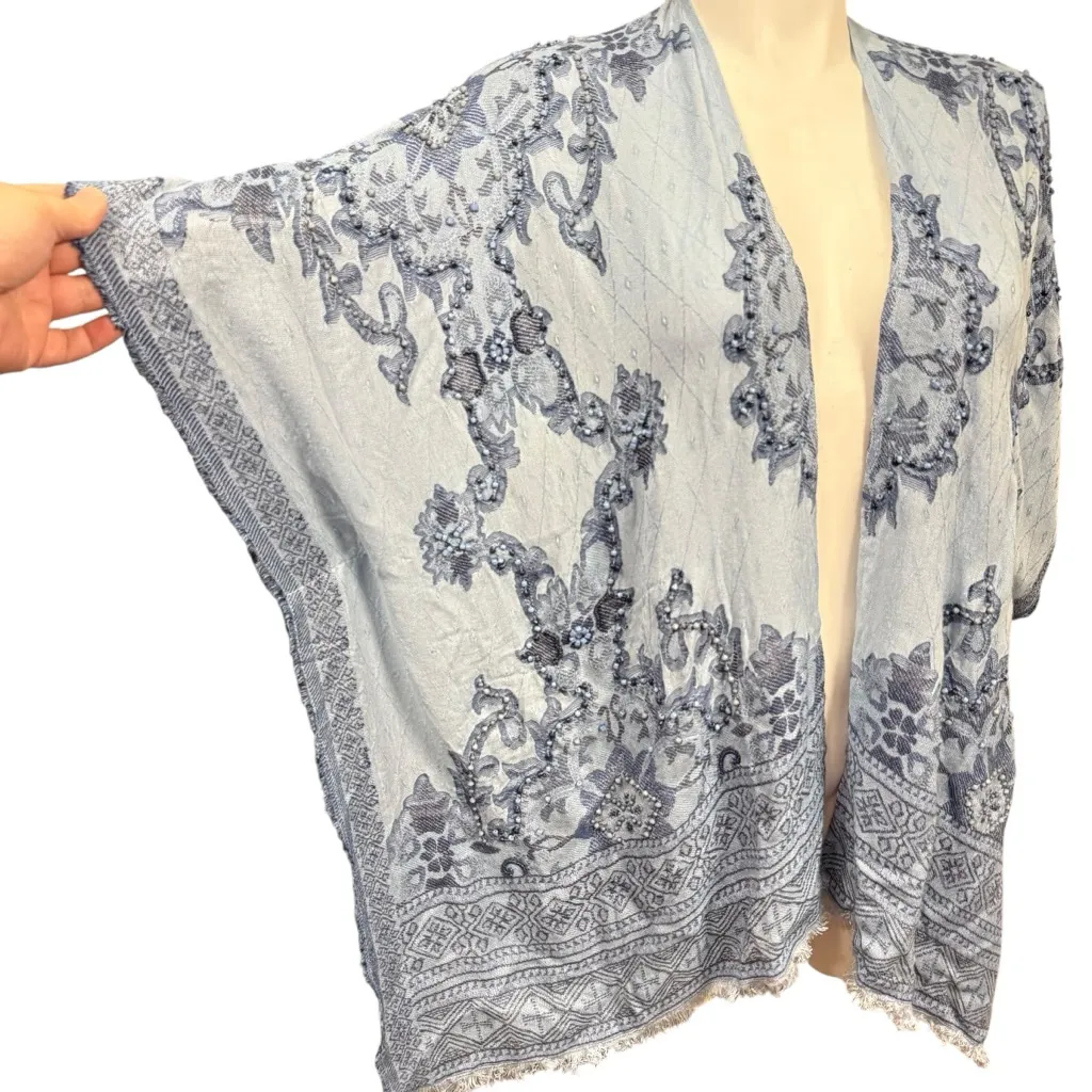 Chico’s Blue Beaded Embroidered Kimono Wrap One Size Rayon India Boho - Image 4