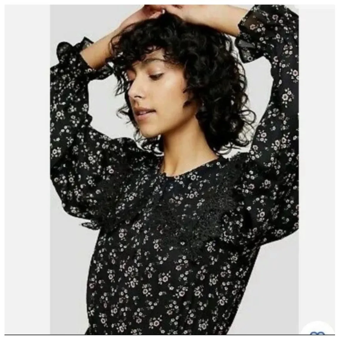Topshop Mini Dress Womens 8 Black Floral Long Sleeve Ruffle Collar - Image 4
