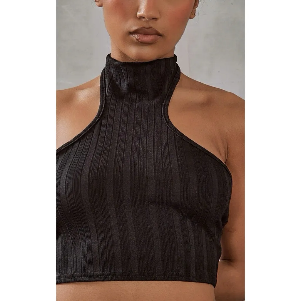 PrettyLittleThing Black Ribbed Knit High Neck Racer Halter Crop Top Sz 12 L - Image 3
