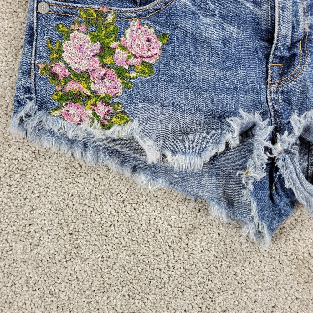 American Eagle Women Cutoff  Jean Shorts 4 Blue Stretch Denim Floral Embroidered - Image 6