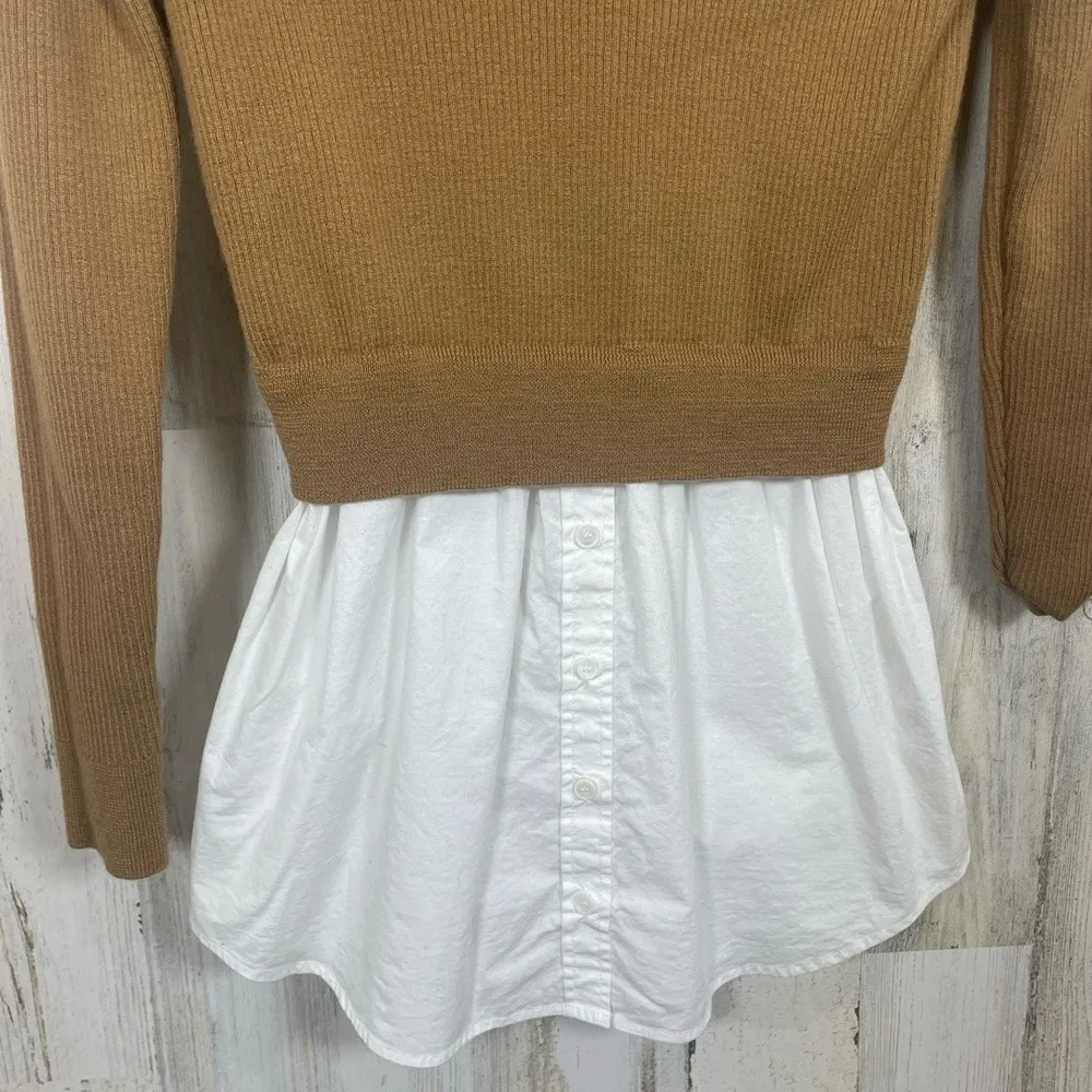 Elie Tahari Merino Wool Sweater Shirt Combo Size S Camel White Ribbed Layered‎ - Image 3