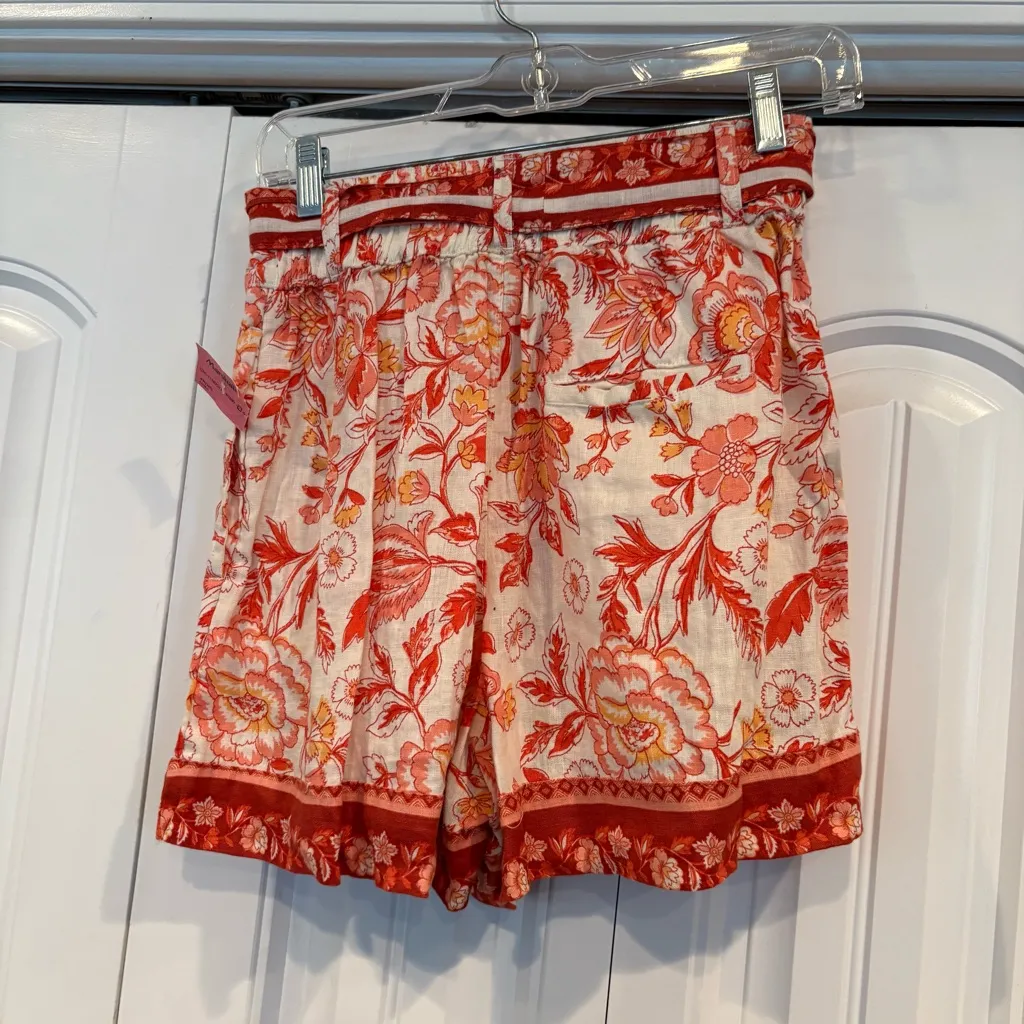 Rachel Zoe Orange And White Floral Linen Shorts‎ Size Small - Image 2