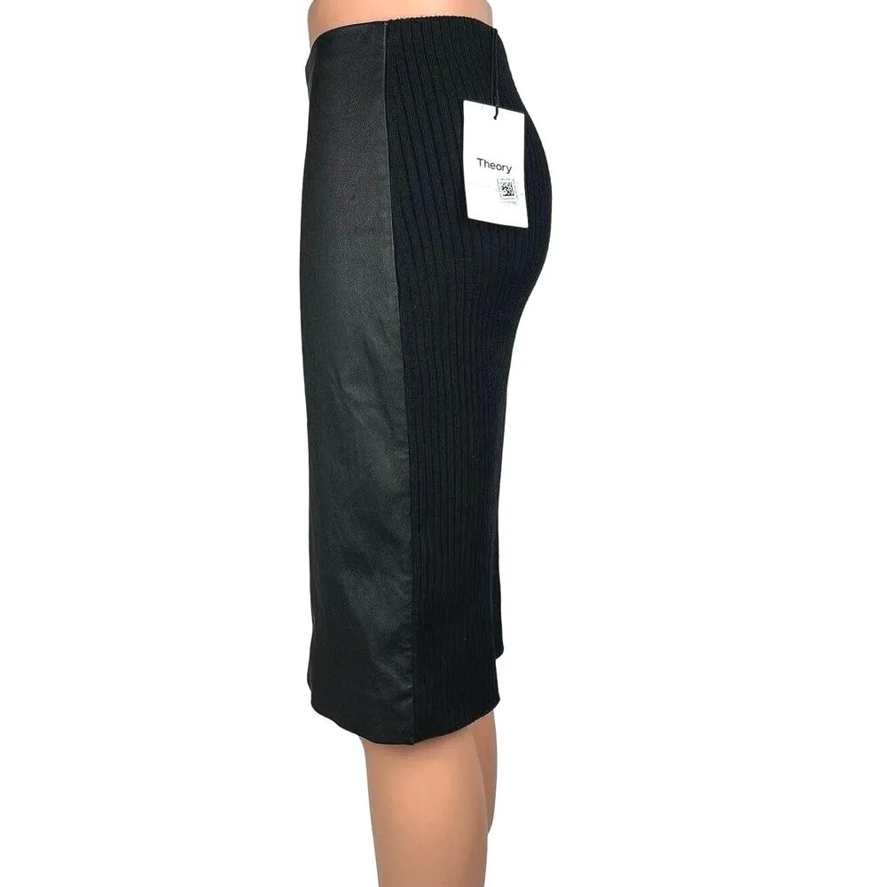 NEW Theory $495 Black Lamb Leather Ribbed Sweater Pencil Straight Midi Skirt XS - Image 7