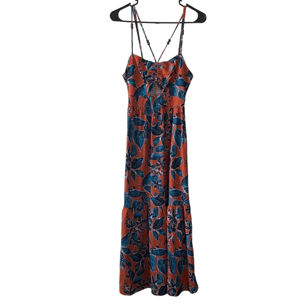 Jason Wu Terracotta and Teal Floral Linen Blend Boho Tropical Midi Dress Small - Image 13