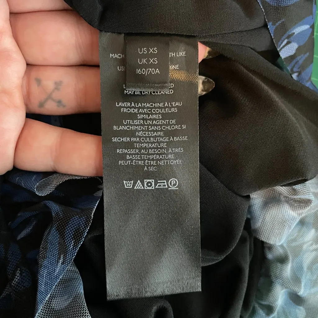 Free People Women XS Blue Black Floral Romi Mesh Mini Skirt Gathered Ruffle - Image 6