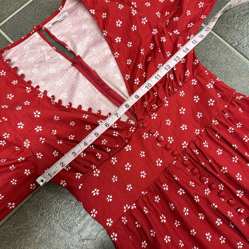 Reformation Caitie Long Puff Sleeve Mini Dress Deep V-Neck Floral Nigella Red 8 - Image 14