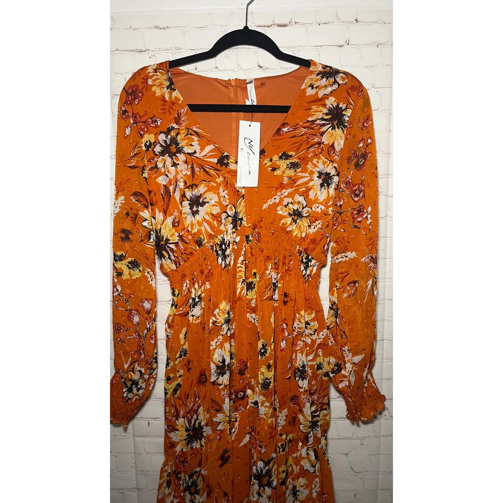 NY Collection Orange Floral Print Midi Chiffon Dress Smocked Waist Long Sleeve L - Image 2