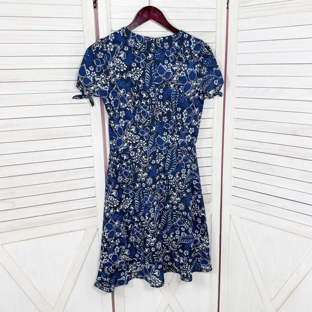 J. Crew Floral Faux Wrap Mini Skater Dress Blue Size 0 Ruffle Trim Short‎ Sleeve - Image 10