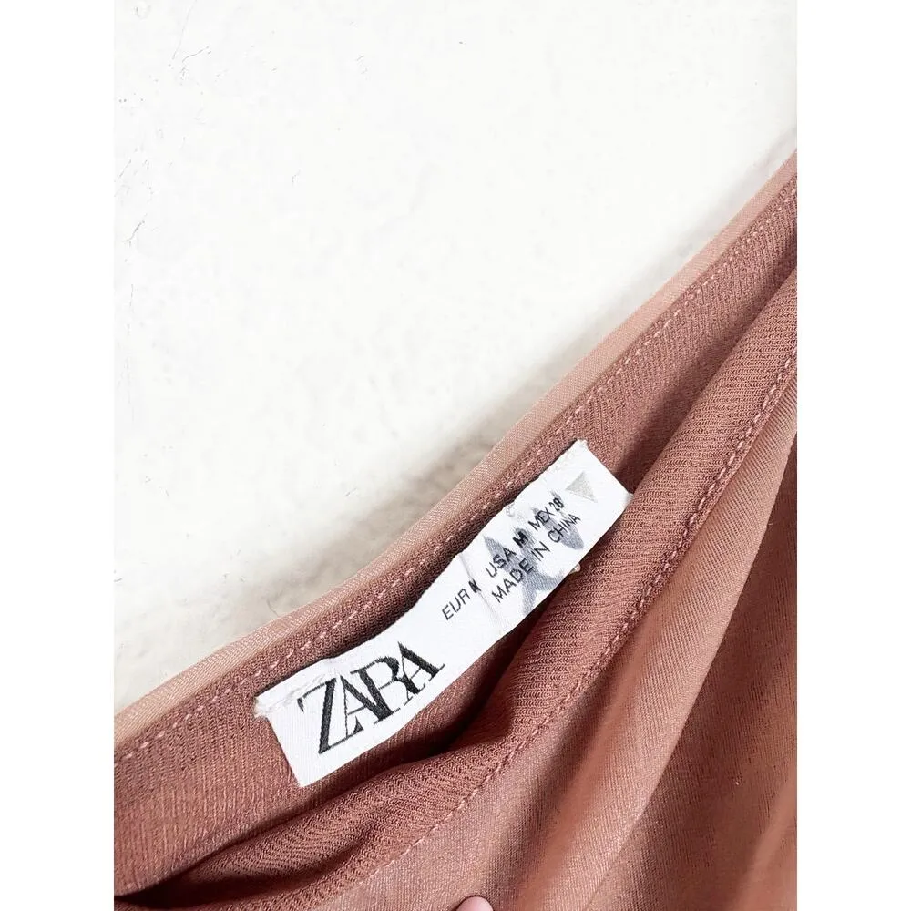 Zara Fitted Asymmetric Draped Organza Dress Medium One Sleeve Ruched Cocktail - Image 6