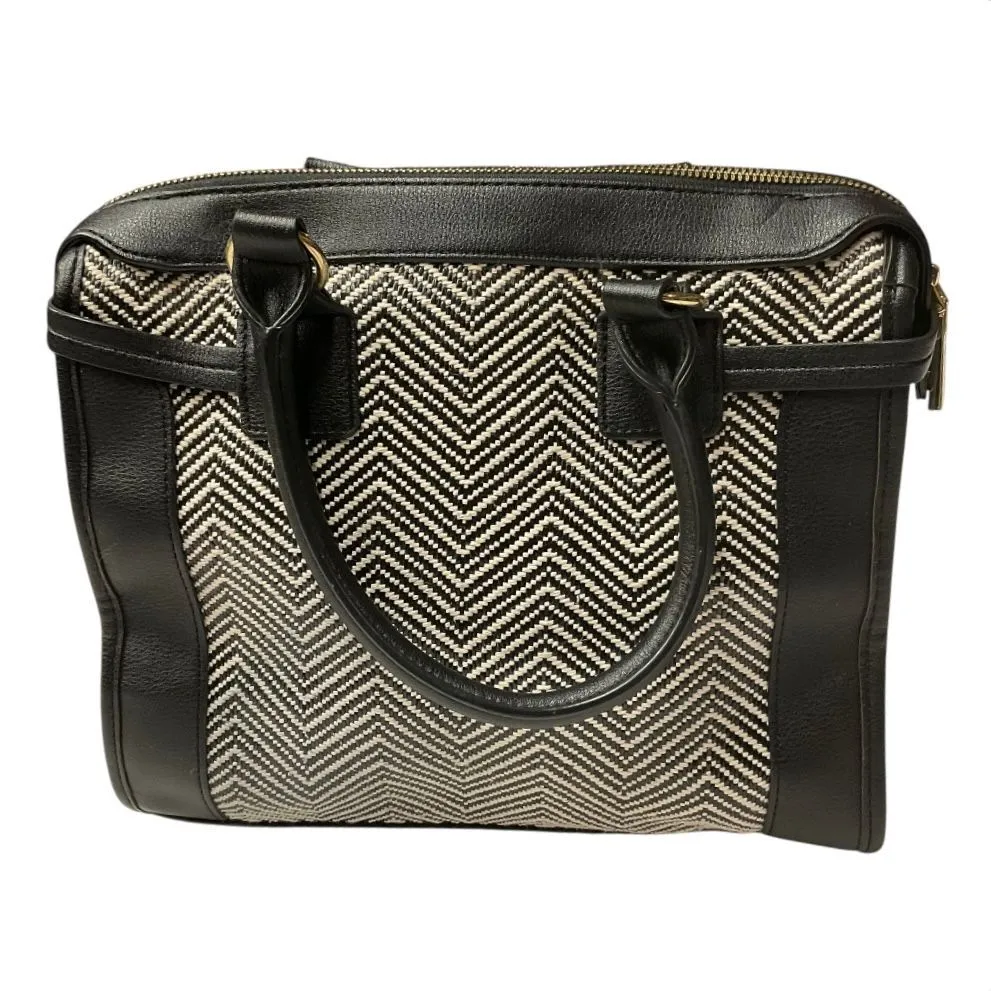 Big Buddha Chevron Pattern Straw Satchel Handbag Black White with Gold Accent - Image 9