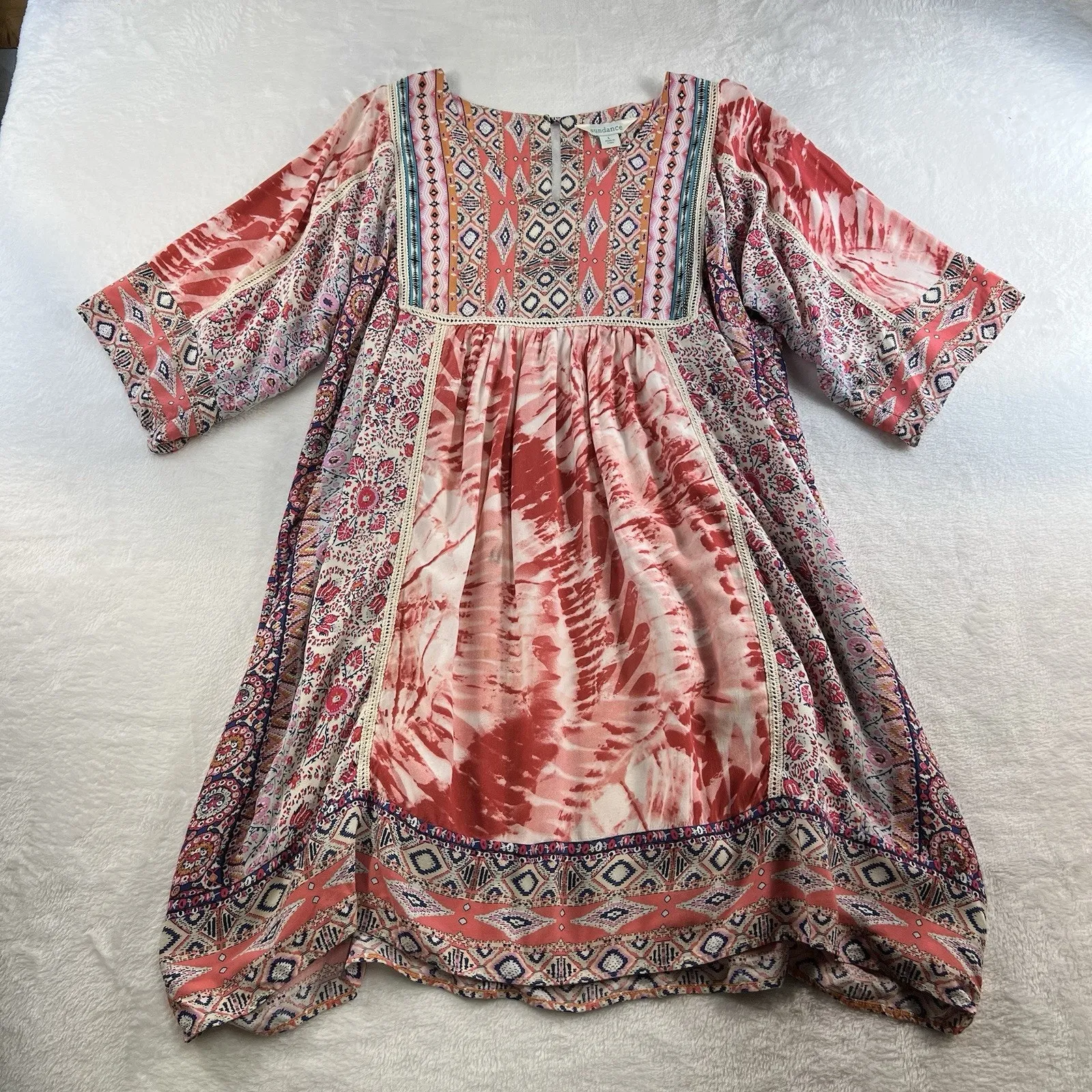 Sundance L Large Avignon Terraza Floral Dress Patchwork Bohemian Keyhole Boho Pink - Image 3