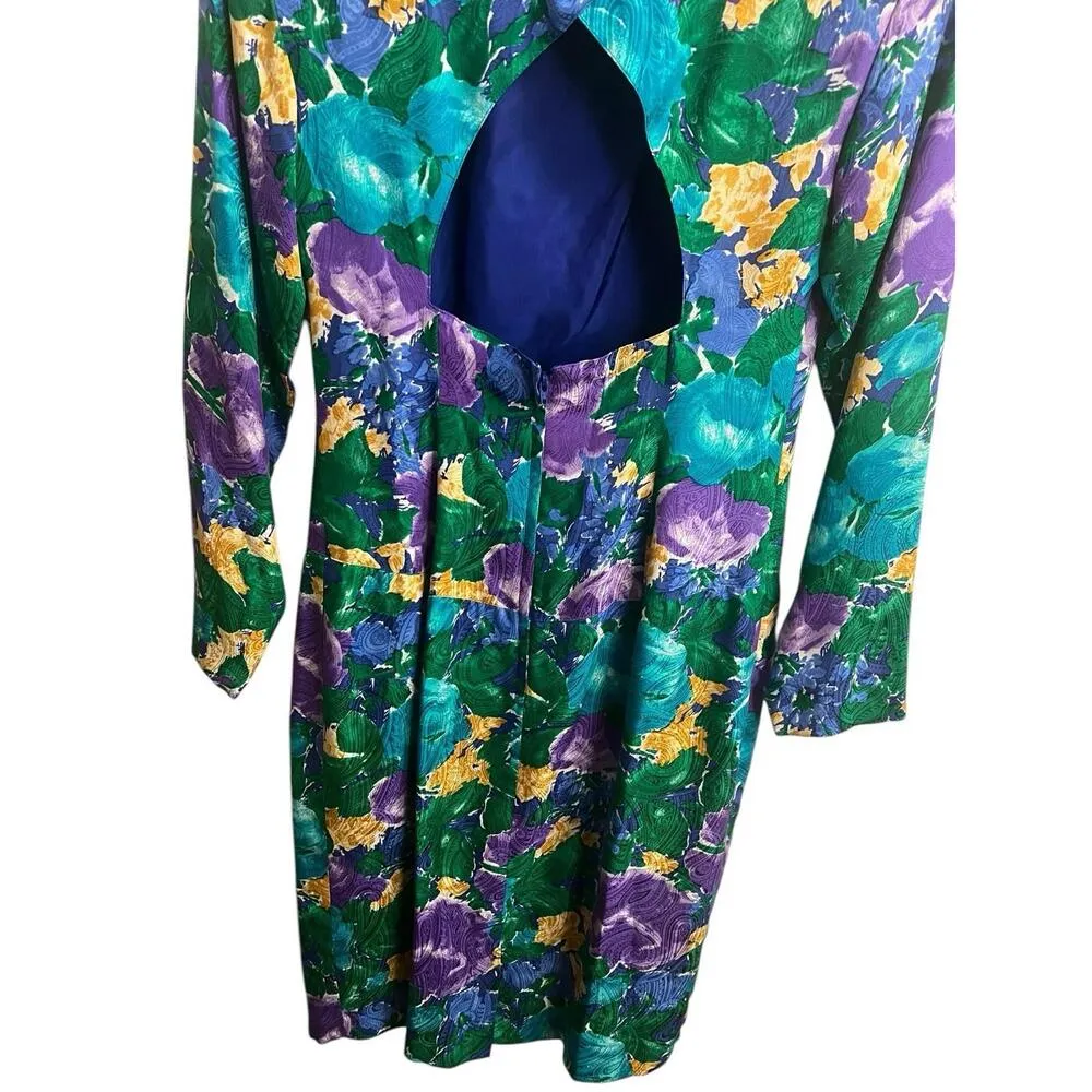 Gillian 100% Silk Purple Green Floral Dress Size 6 Open Back 70s 80s Vintage - Image 4