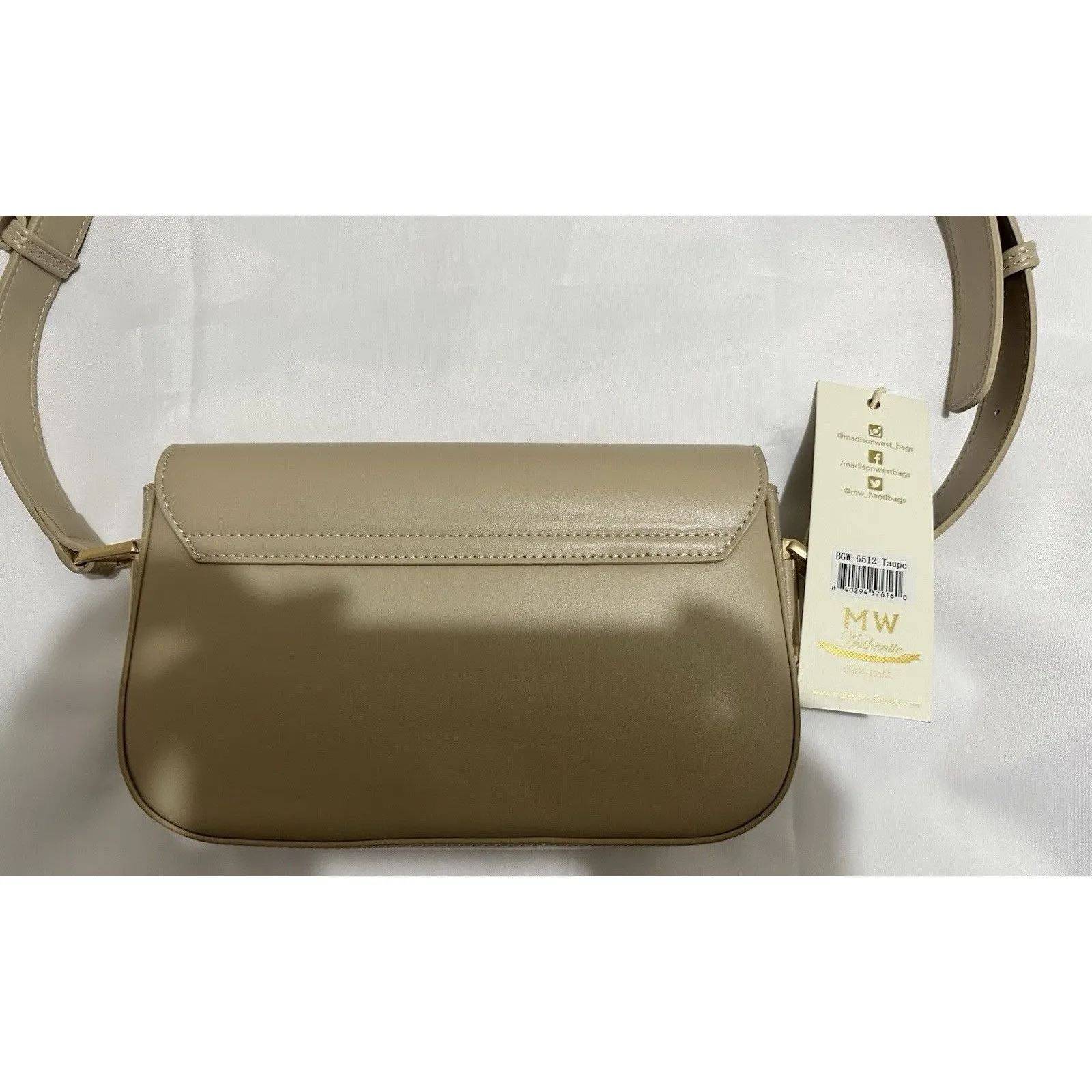 Madison West Faux Leather Taupe Flap Adjustable Strap Crossbody Purse Handbag - Image 9