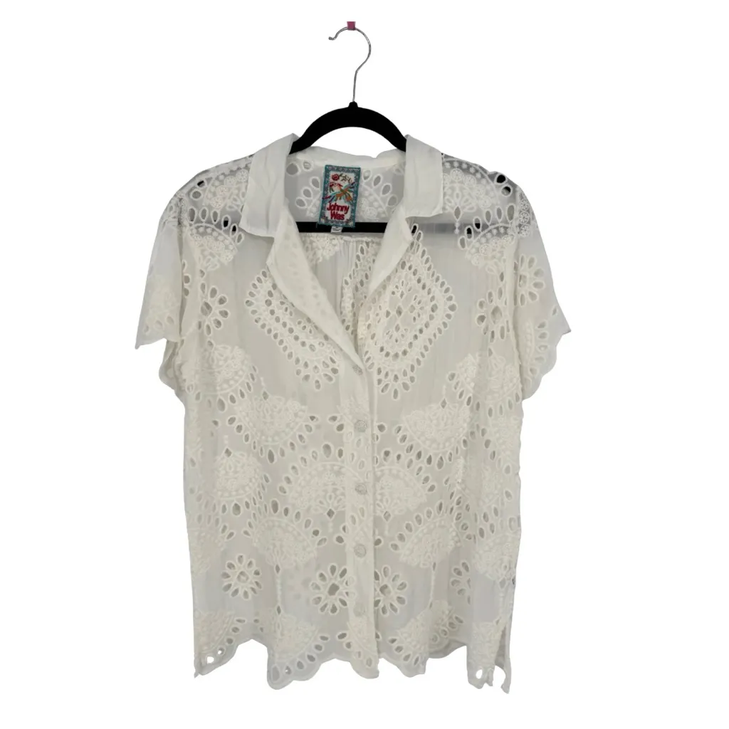 Johnny Was Marietta Short Sleeve Eyelet Button Down Shirt White Medium Spring - Image 4