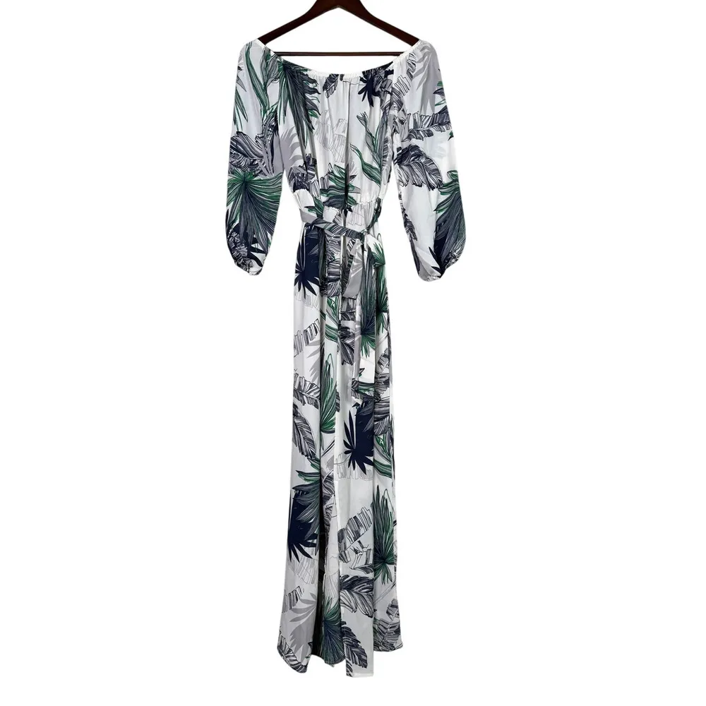 NEW Boho Tropical Palm Print Off Shoulder Maxi Dress 3/4 Sleeve TieWaist S White - Image 2