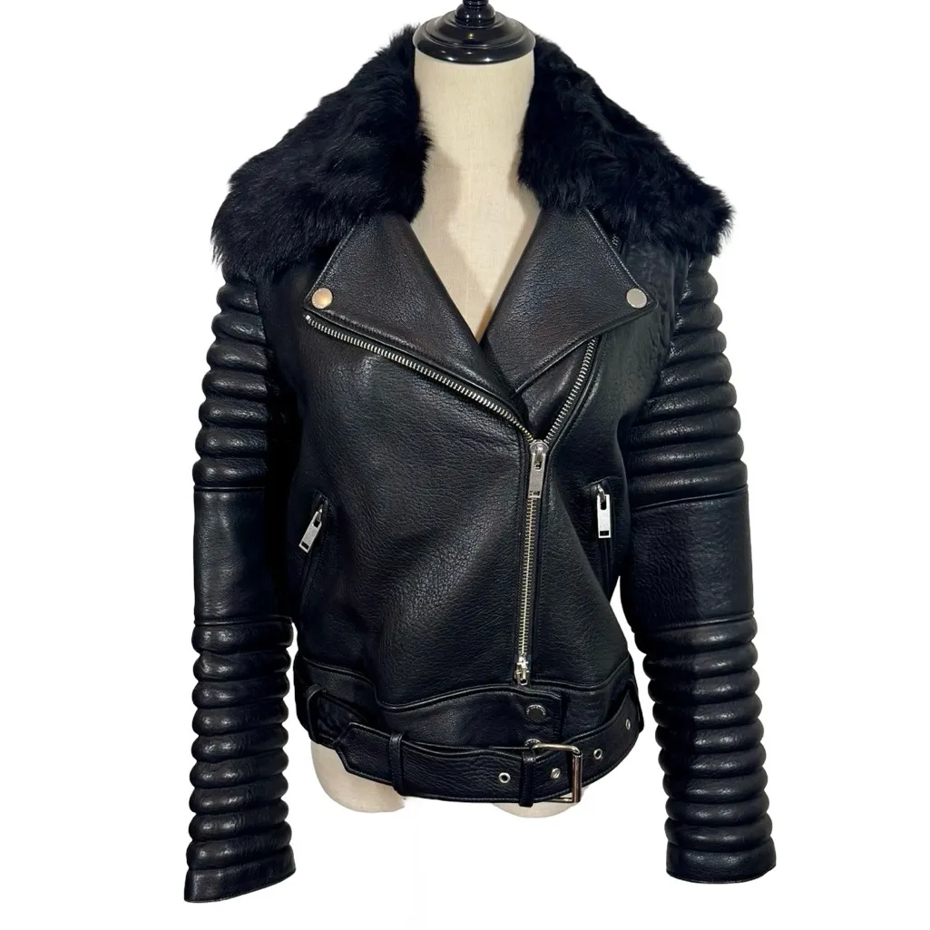 THE ARRIVALS Rainier Lambskin Structured Moto Jacket Detachable Shearling Collar Black Size L - Image 5