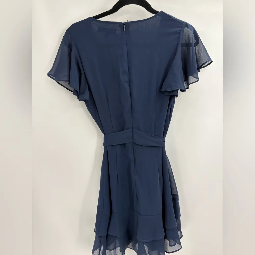 Lulus Sweet Like You Navy boho blue prom tie v neck Ruffled Mini Dress sz small - Image 7